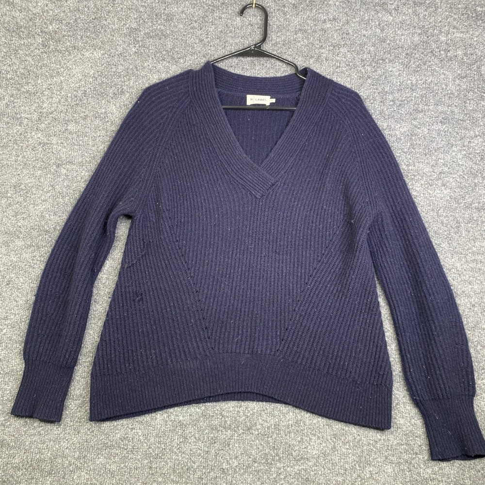 R Label Womens Navy Blue Wool Cashmere V-Neck Ribbed Knit Sweater S FLAWS
